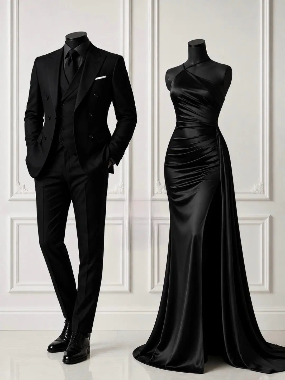 Mannequins wearing a black three-piece suit and a long black evening gown against a white wall.