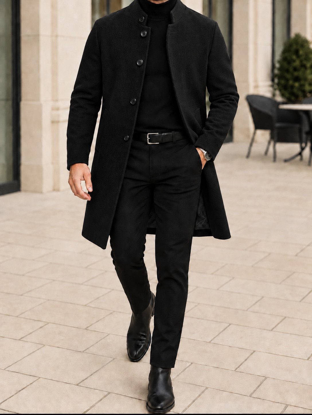 Man walking in an all-black outfit featuring a long overcoat, turtleneck, and trousers.