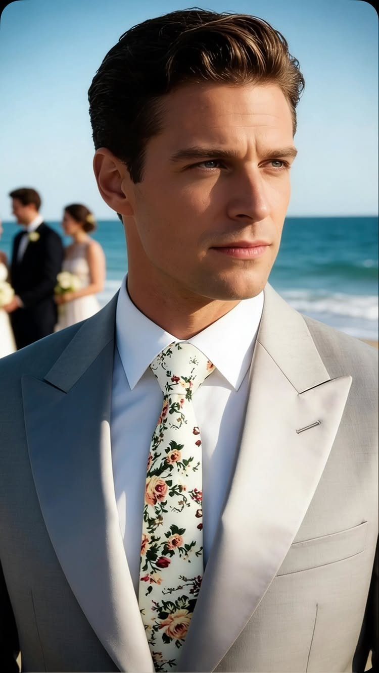 Man wearing a light grey suit and floral tie standing on a sunny beach.