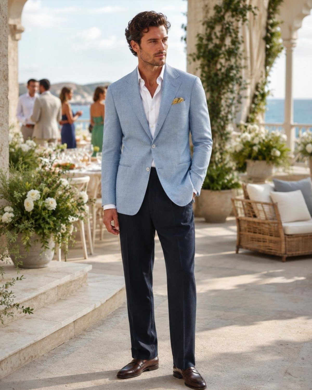 Man wearing a light blue blazer, white shirt, and navy trousers on a sunny terrace.