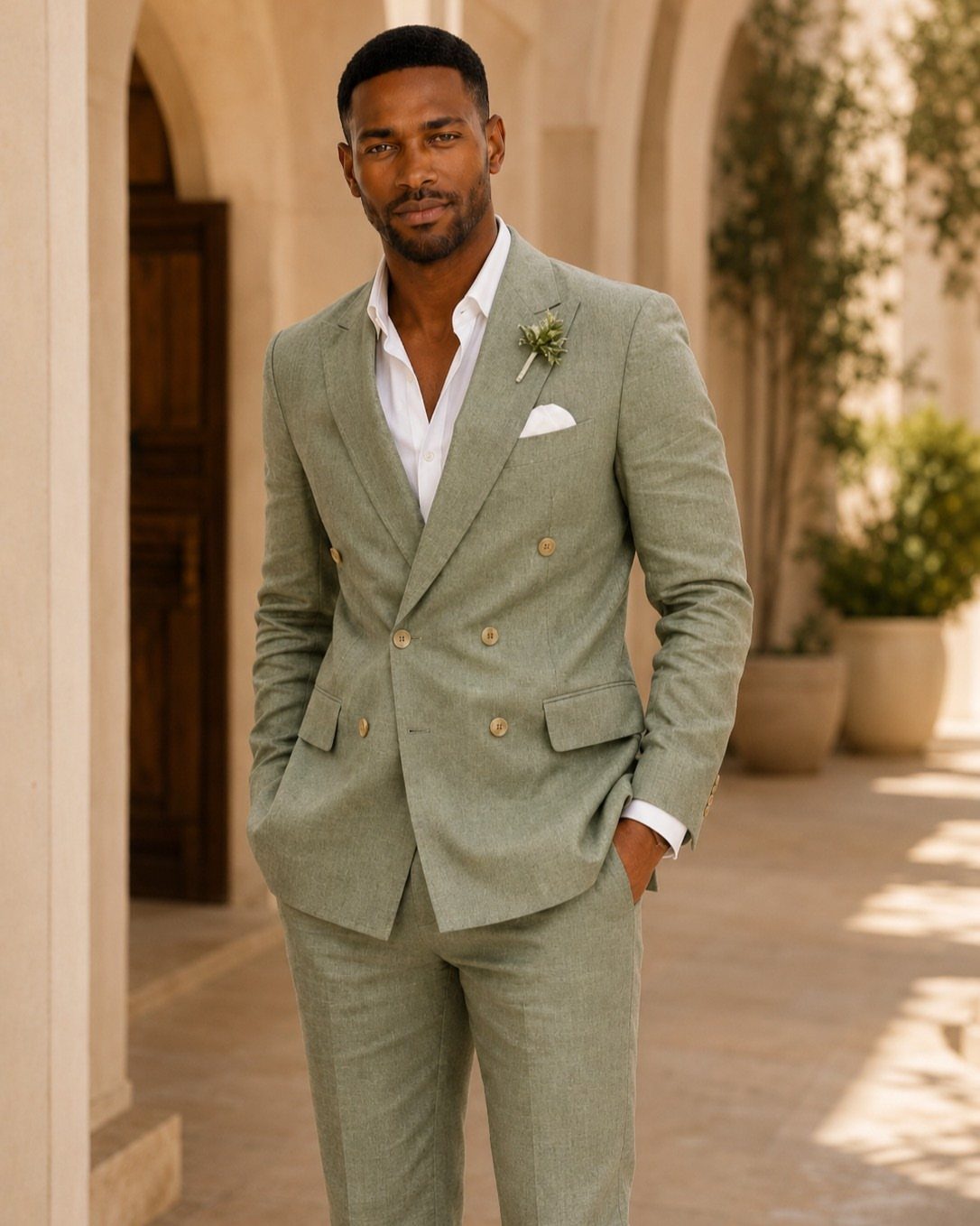 Man posing in a sage green double-breasted linen suit and white shirt in a sunny courtyard.
