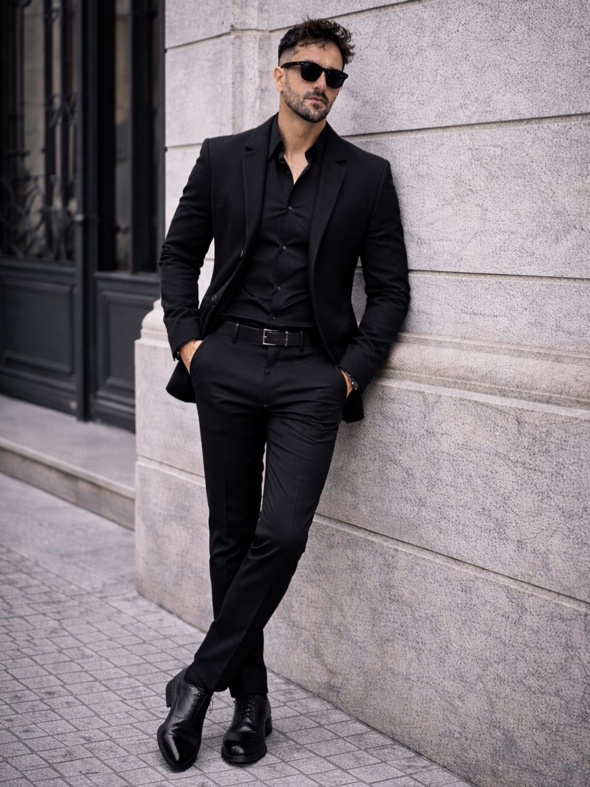Man in an all-black suit and sunglasses leaning against a stone wall.