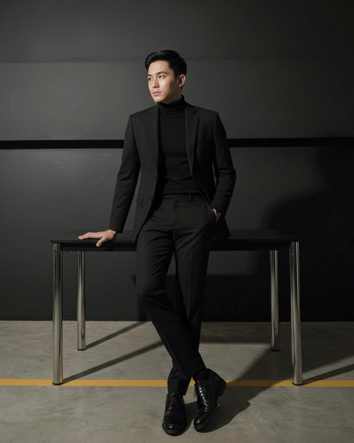 Man wearing a black blazer over a black turtleneck and matching dress pants.