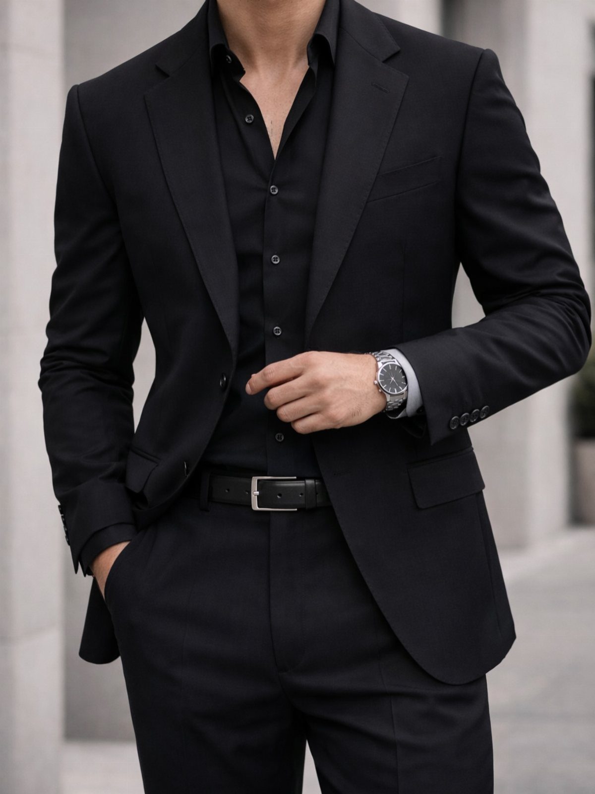 A man dressed in an all-black formal suit including a blazer, shirt, and trousers.
