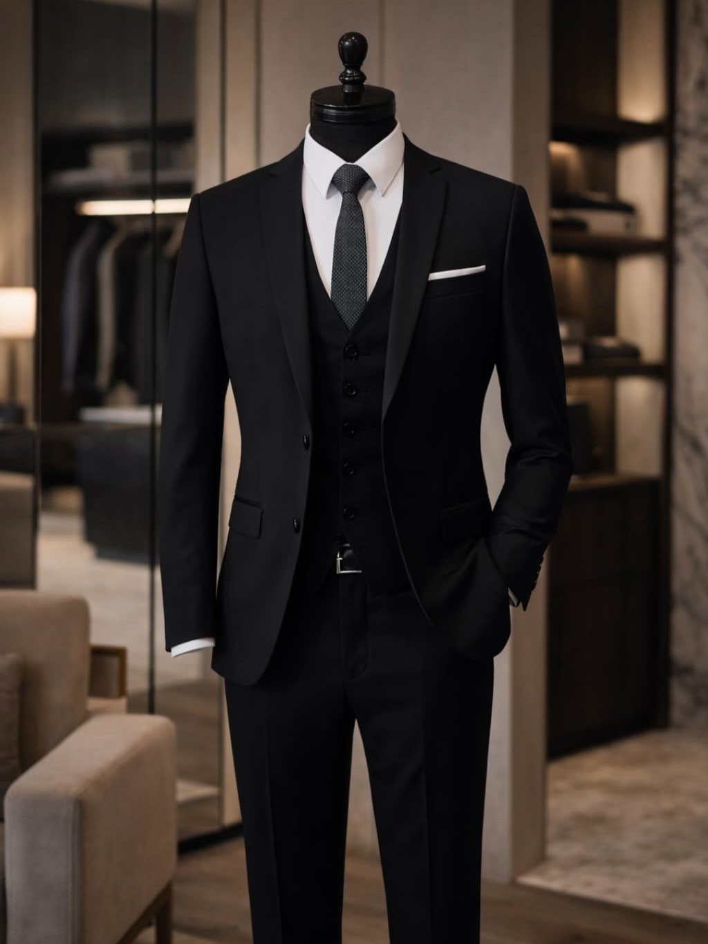 Black three-piece suit with a waistcoat, white shirt, and tie displayed on a mannequin.