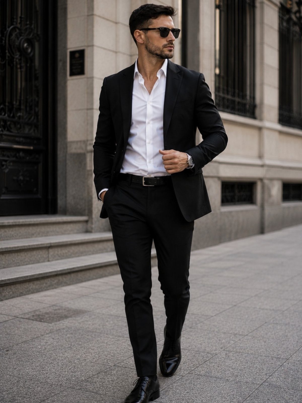 Man in a black suit and white shirt walking on a city sidewalk wearing sunglasses.
