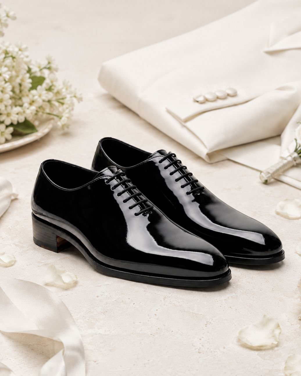 Black patent leather dress shoes placed next to a white shirt and delicate white flowers.