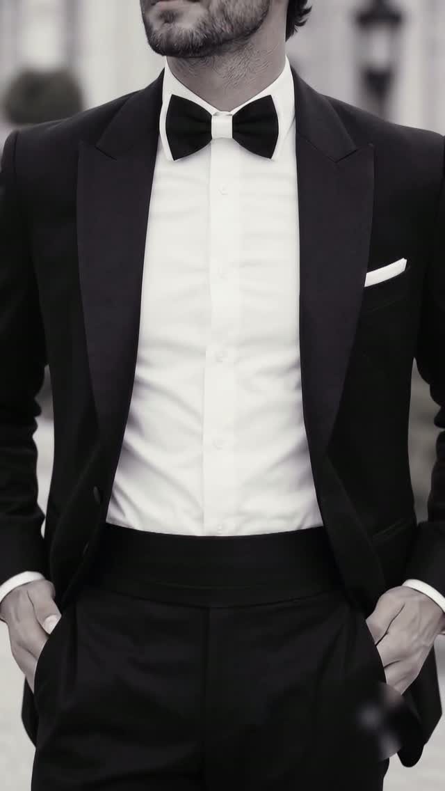 A man in a black tuxedo wearing a crisp white shirt and a black bow tie.
