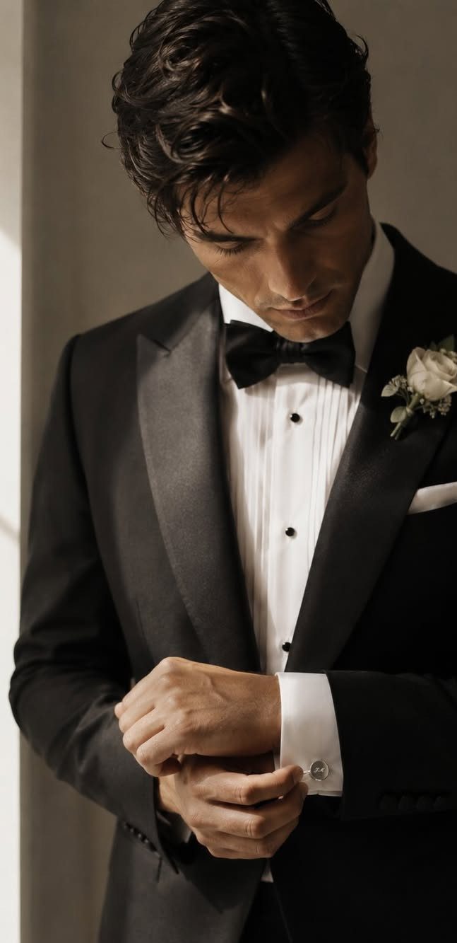 Man in a black tuxedo adjusting his white shirt cuff with a silver cufflink.