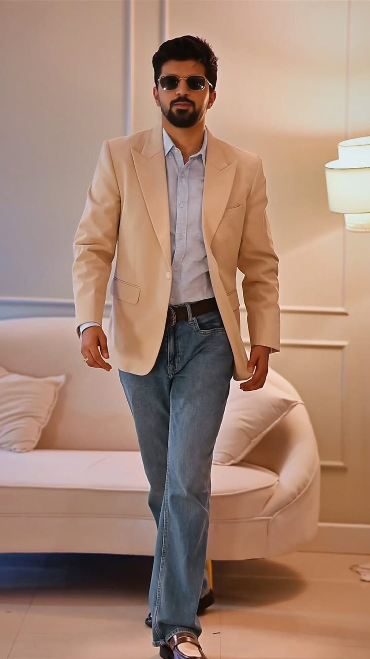Man in a beige blazer, light blue shirt, and blue jeans walking indoors.