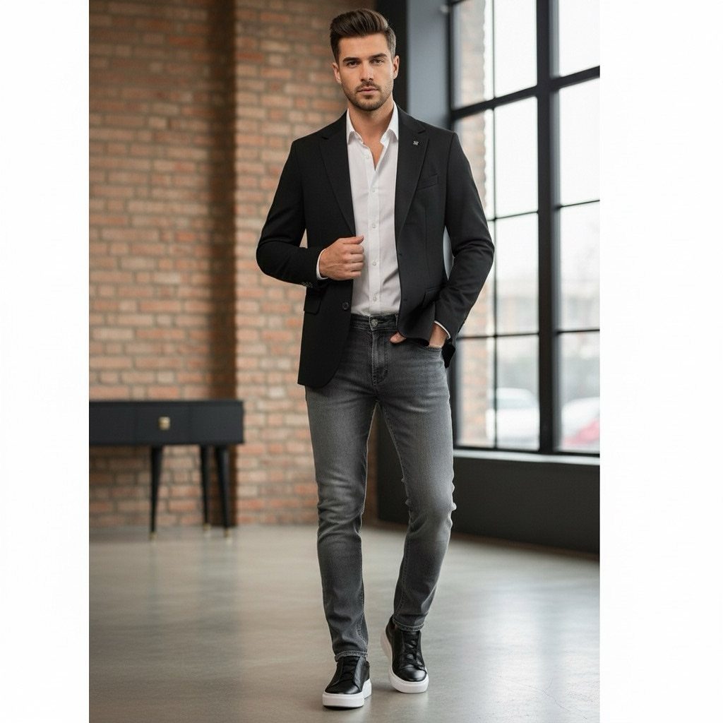 Man posing in a black blazer, white shirt, grey jeans, and black sneakers.