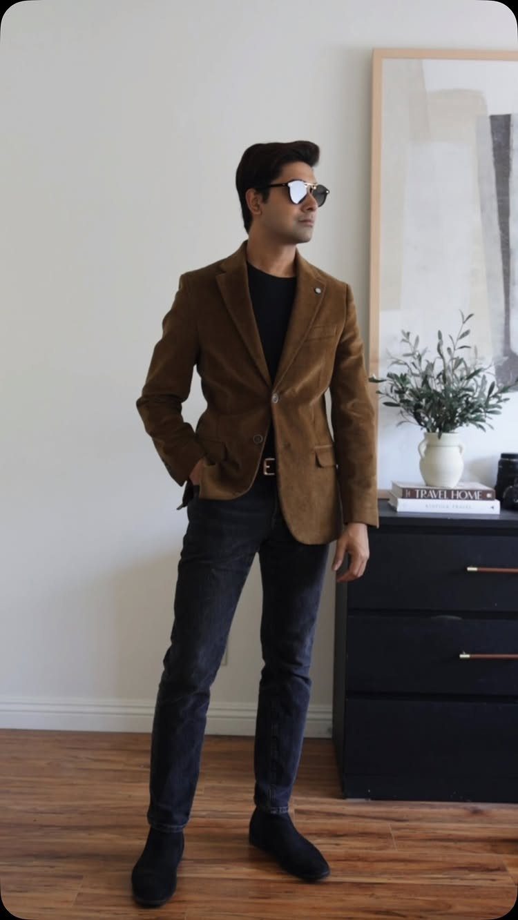 A man posing in a brown corduroy blazer, black shirt, and dark jeans.