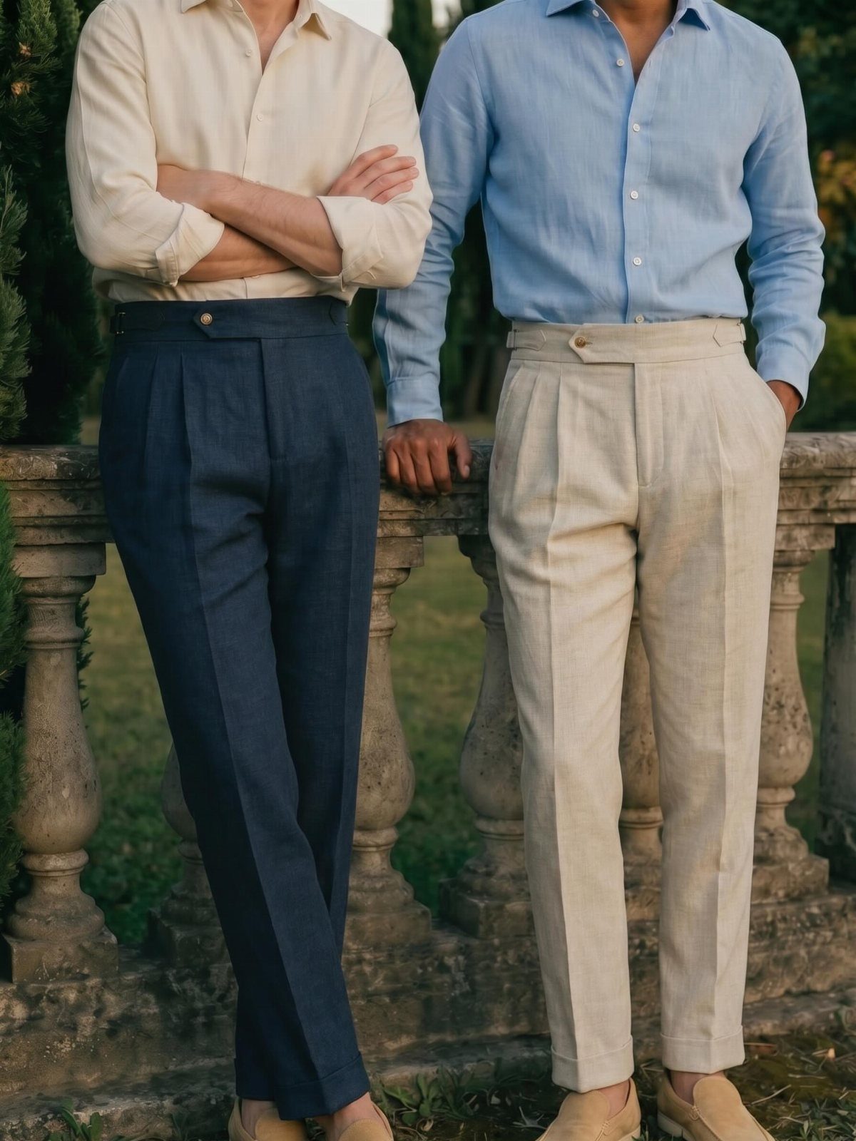 Two men wearing well-fitted, pleated trousers and button-down shirts standing by a stone railing.