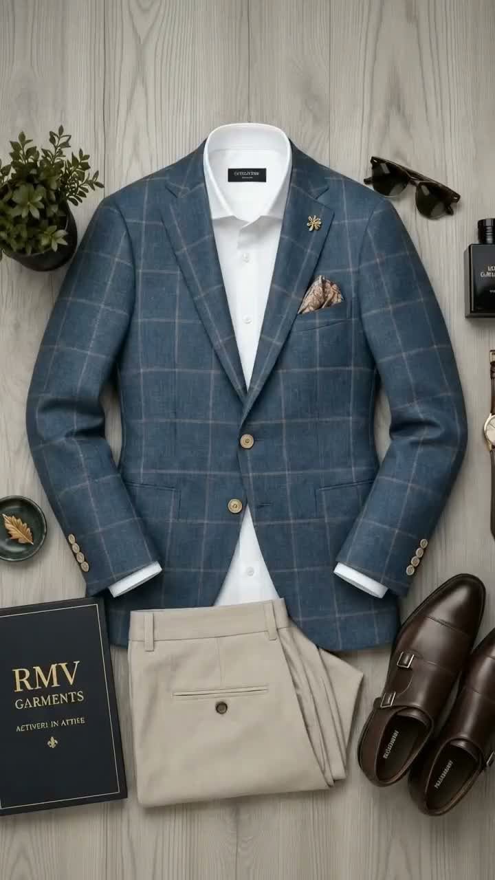 Blue plaid blazer, white shirt, tan trousers, and brown leather shoes laid out on wood.