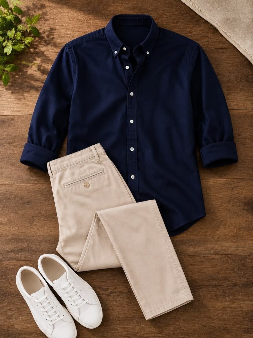 Navy blue button-down shirt, beige trousers, and white sneakers arranged on a wooden background.
