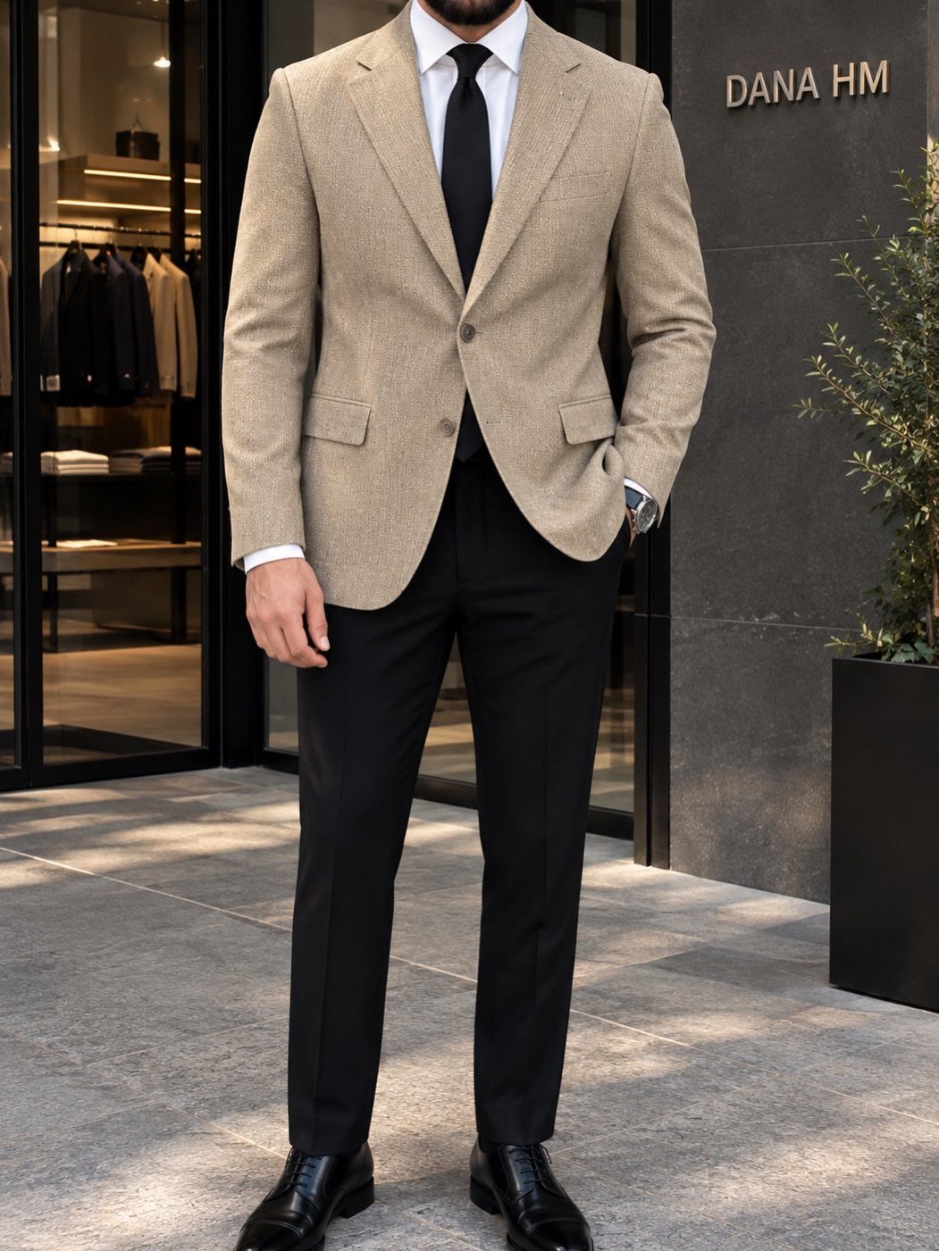 Man wearing a tan textured blazer, black tie, white shirt, and black trousers standing outdoors.