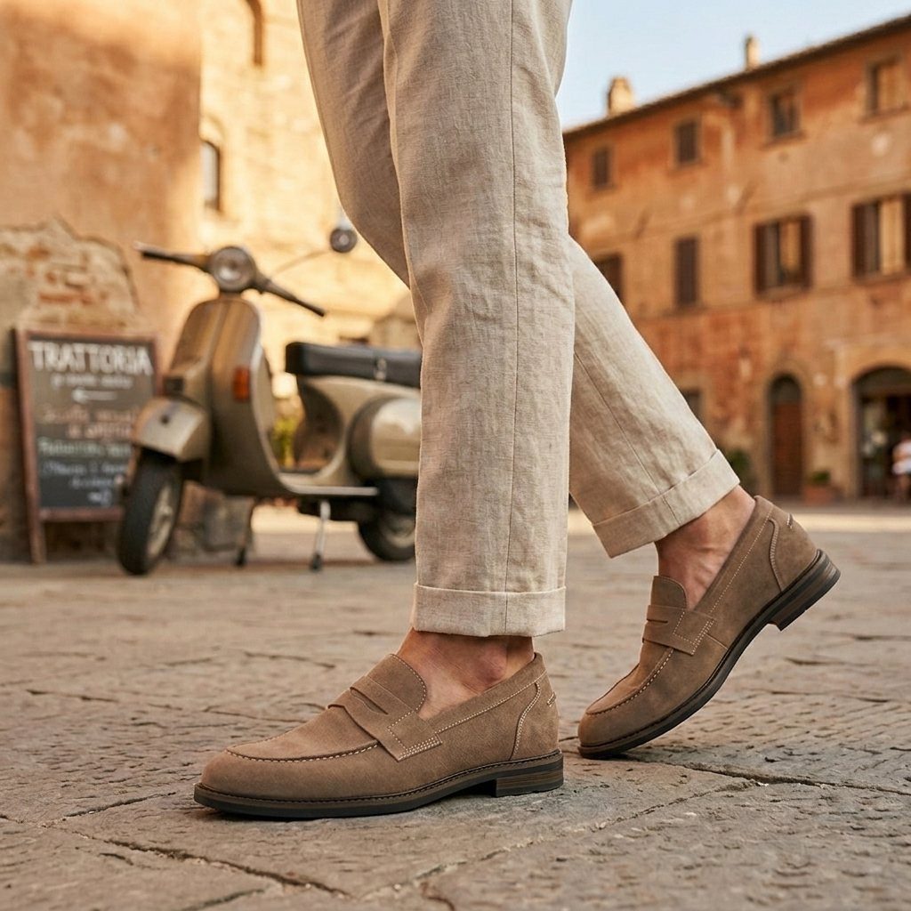 Person wearing tan suede loafers and beige linen trousers walking on a cobblestone street.