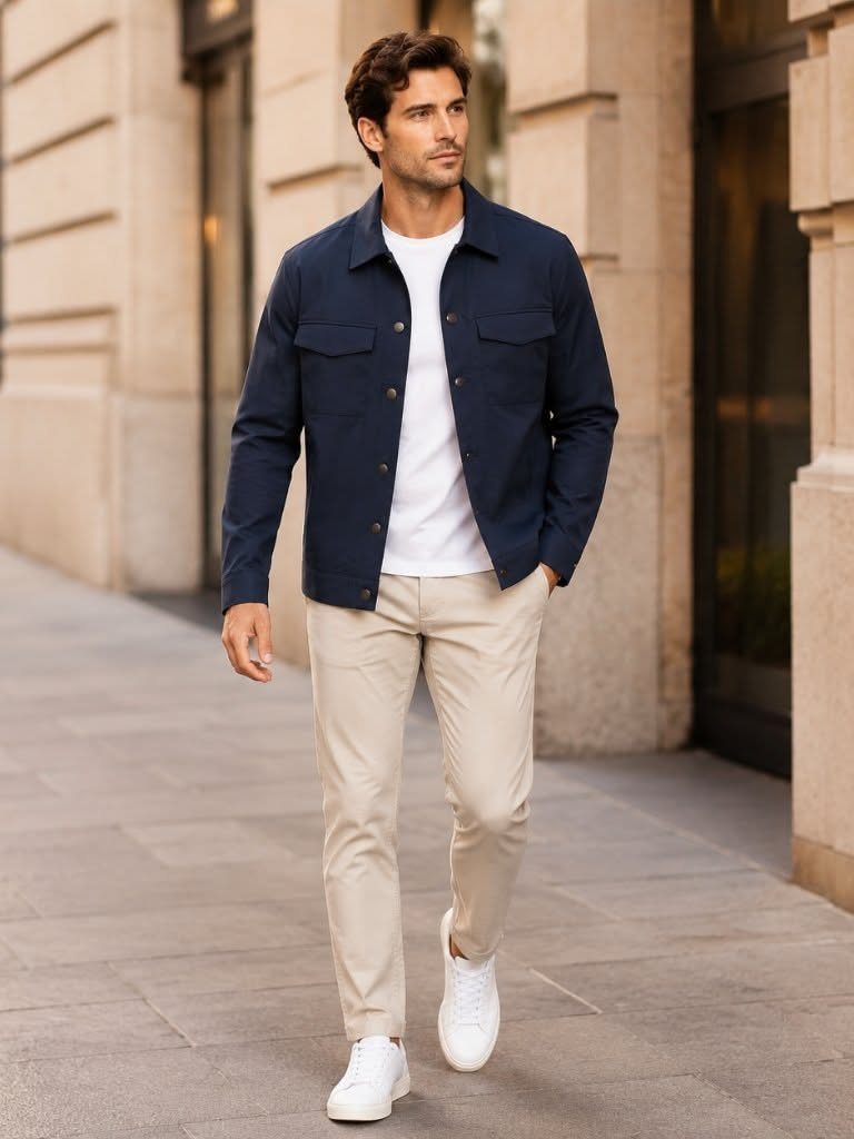 Man walking outdoors wearing a navy unlined jacket, white t-shirt, and beige trousers.