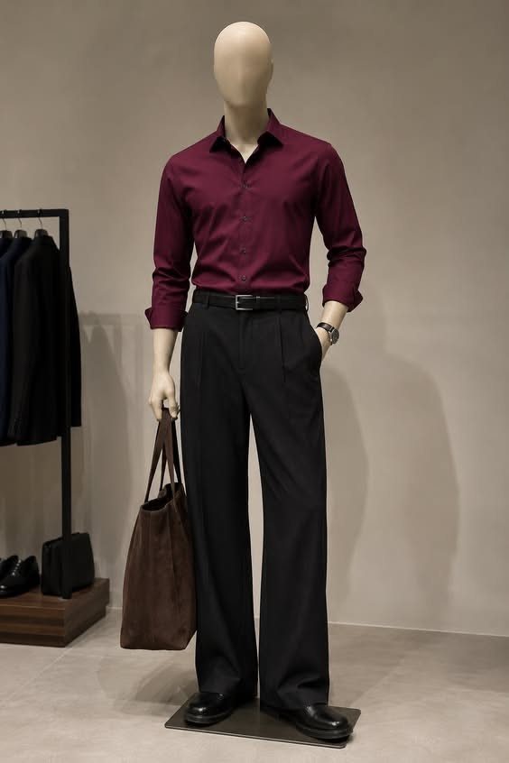 A mannequin dressed in a maroon shirt and black dress trousers holding a brown tote bag.