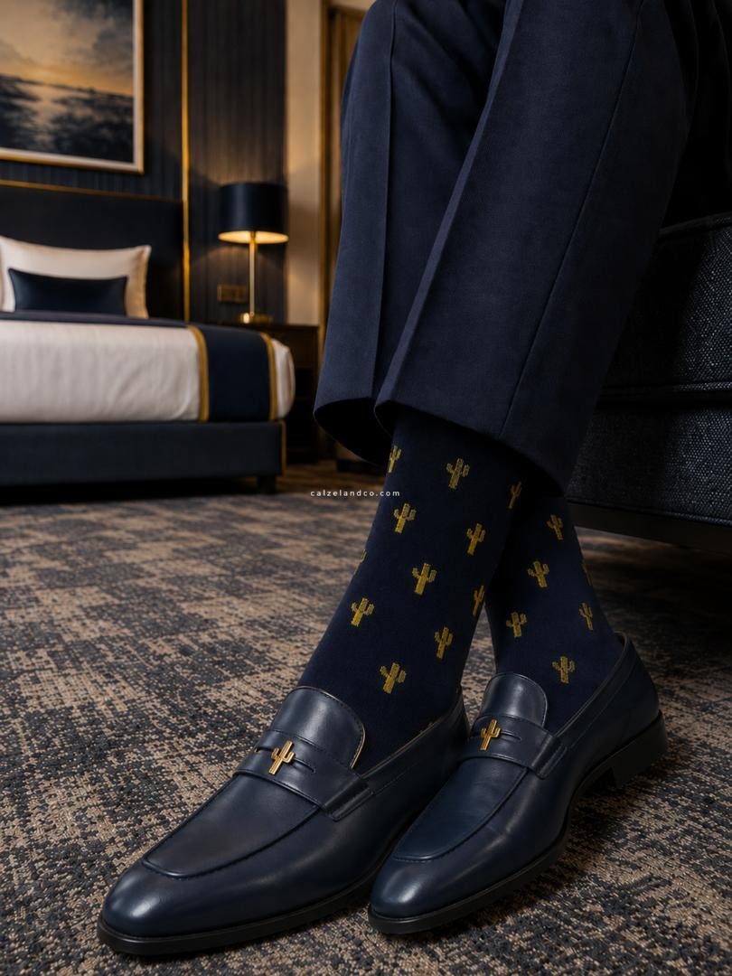 Person wearing navy blue trousers, cactus patterned socks, and navy leather loafers in a bedroom.
