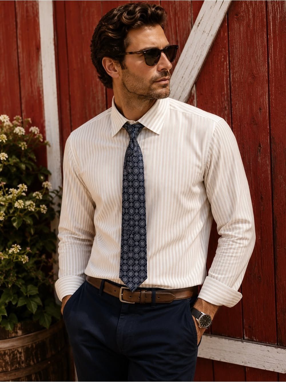Man in a white striped shirt, navy tie, and navy trousers standing outdoors.