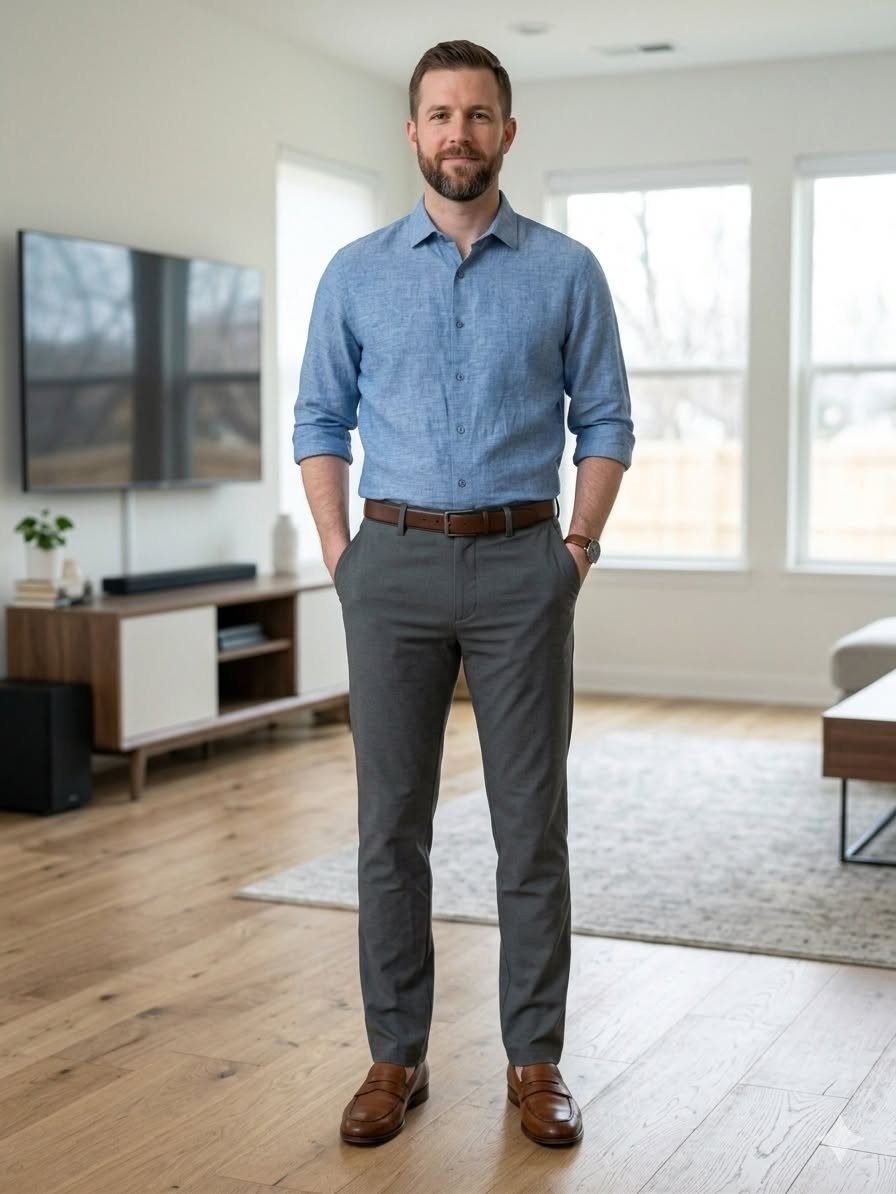 A man wearing a light blue linen shirt, gray trousers, and brown leather loafers standing indoors.
