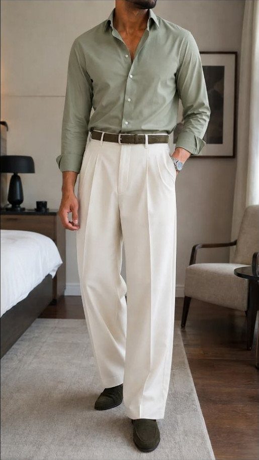 Man wearing a sage green shirt, cream trousers, olive belt, and matching olive suede shoes.