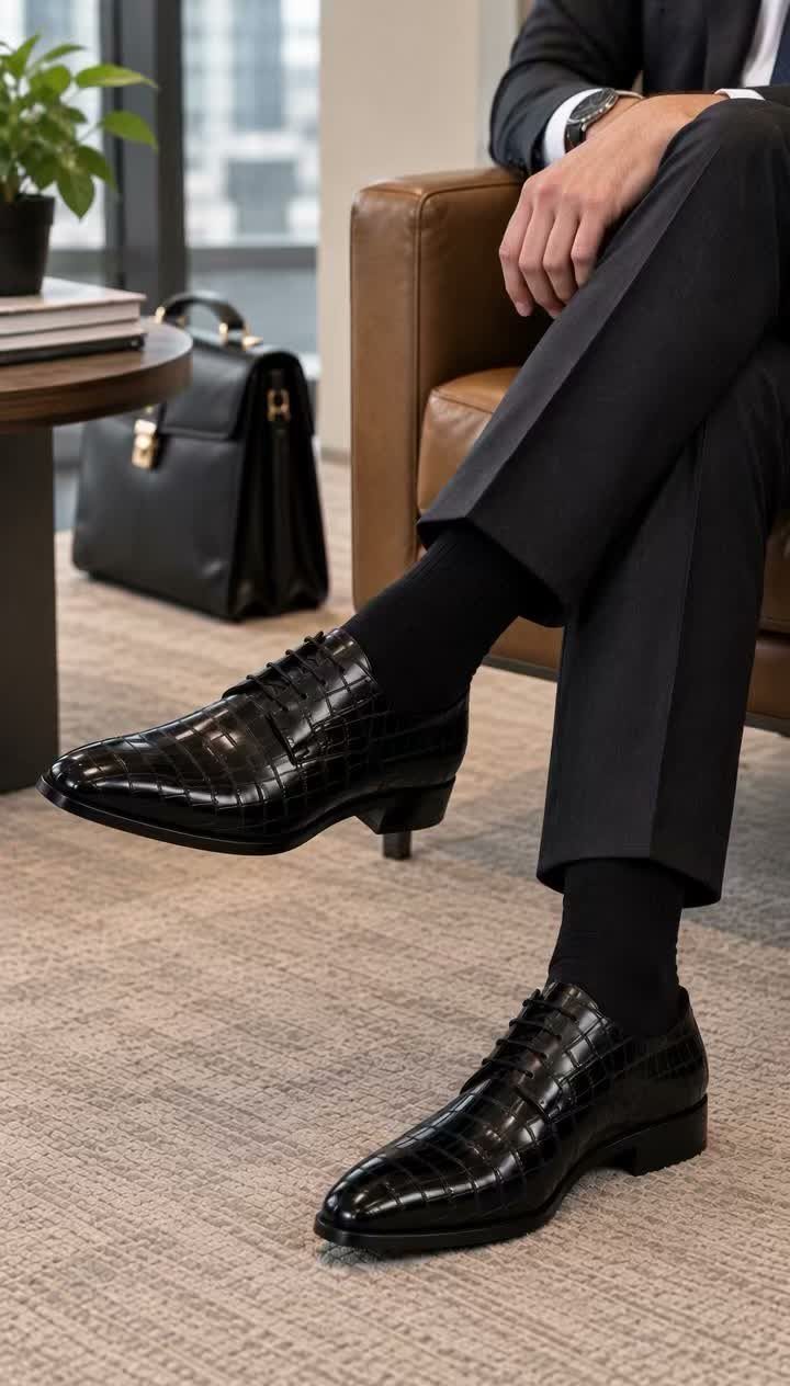 Man wearing polished black crocodile-patterned leather dress shoes and a dark business suit.