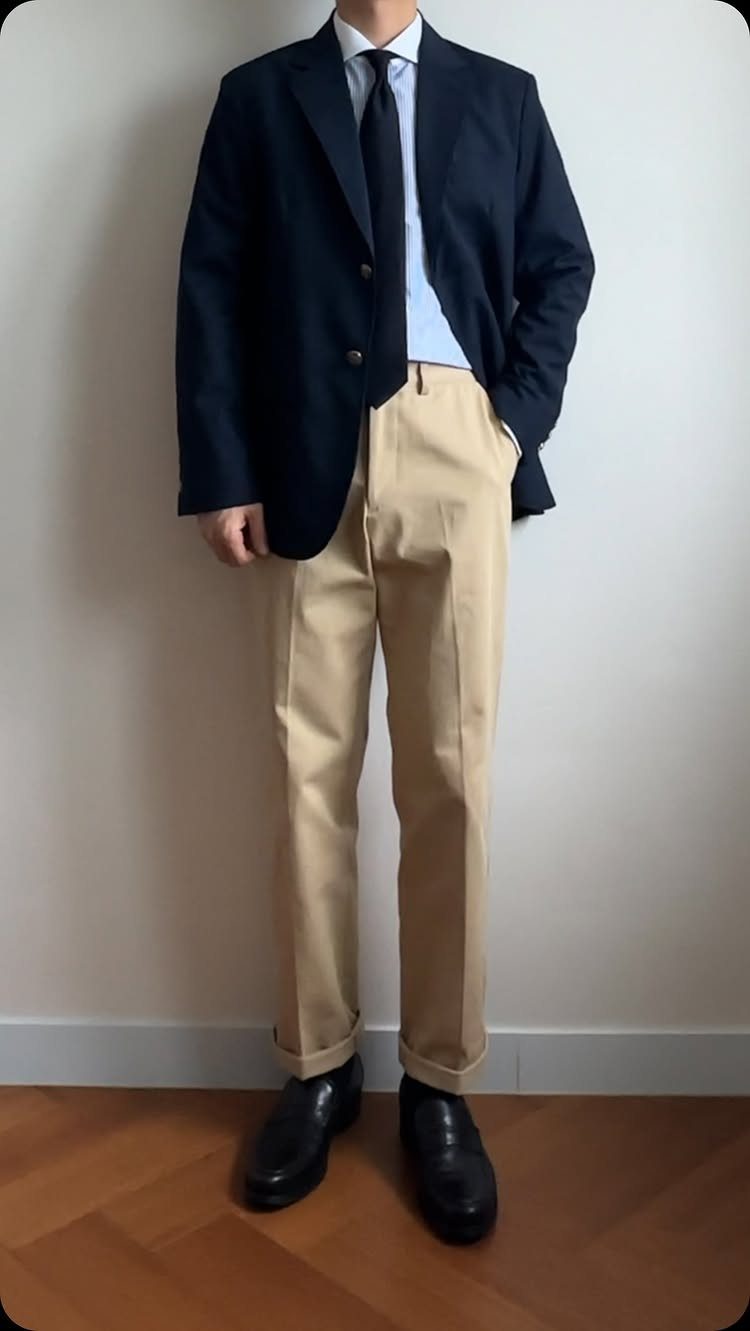 Man wearing a navy blazer, light blue shirt, dark tie, and khaki trousers with black shoes.