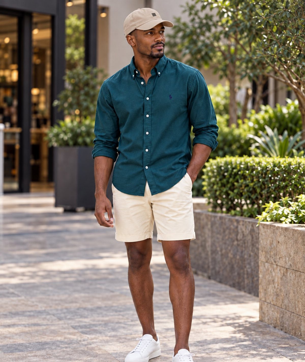 A man wearing a teal button-down shirt and cream shorts walking outdoors.