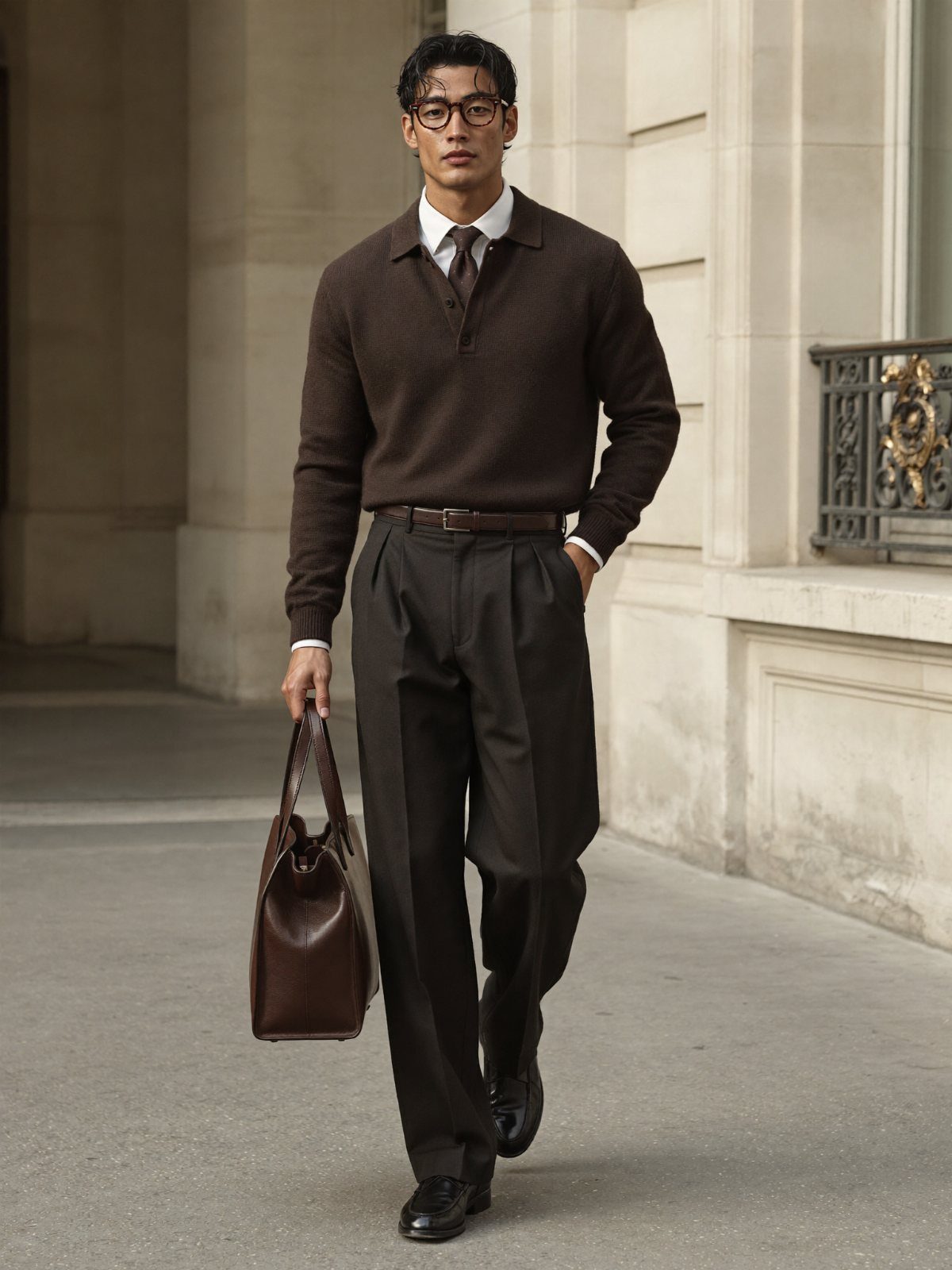 Man in dark brown polo and pleated trousers walking while carrying a leather bag.