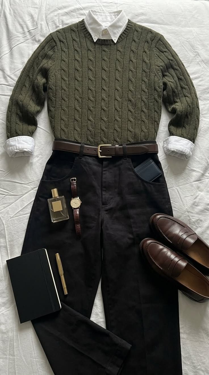 Flat lay of an olive sweater, white shirt, black trousers, brown leather belt, loafers, and watch.