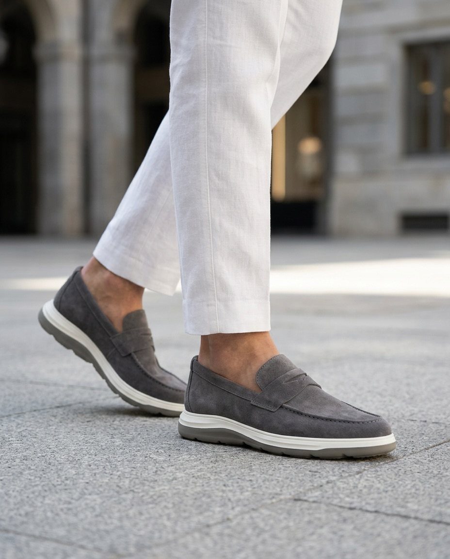 Grey suede loafers with white soles worn by a person in white trousers walking outdoors.