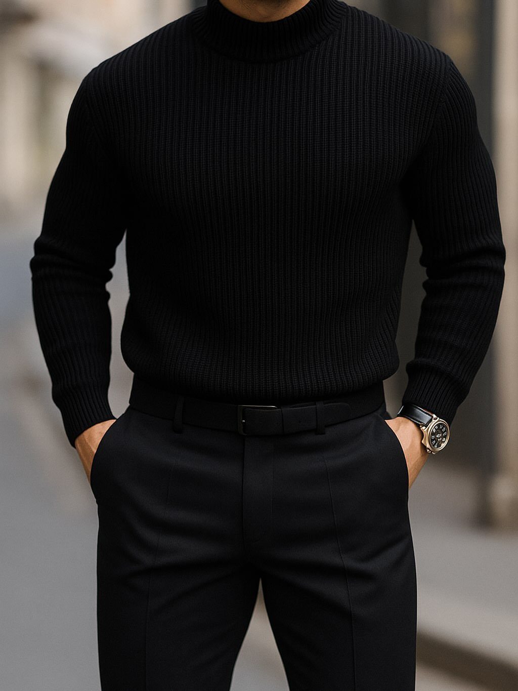 Man wearing a black ribbed turtleneck sweater and black trousers with a leather strap watch.