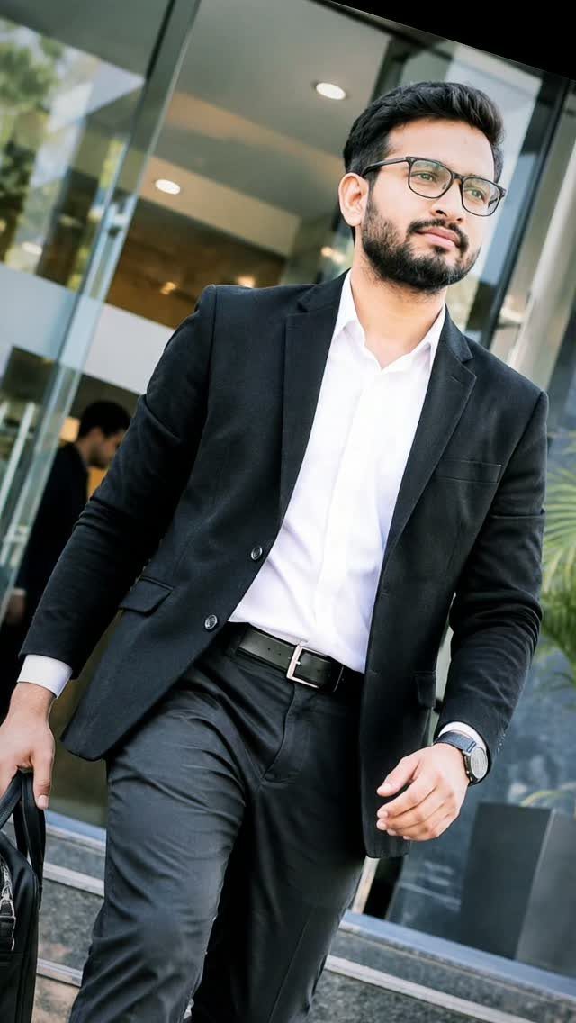 Man in a black blazer and white shirt walking near a glass building.
