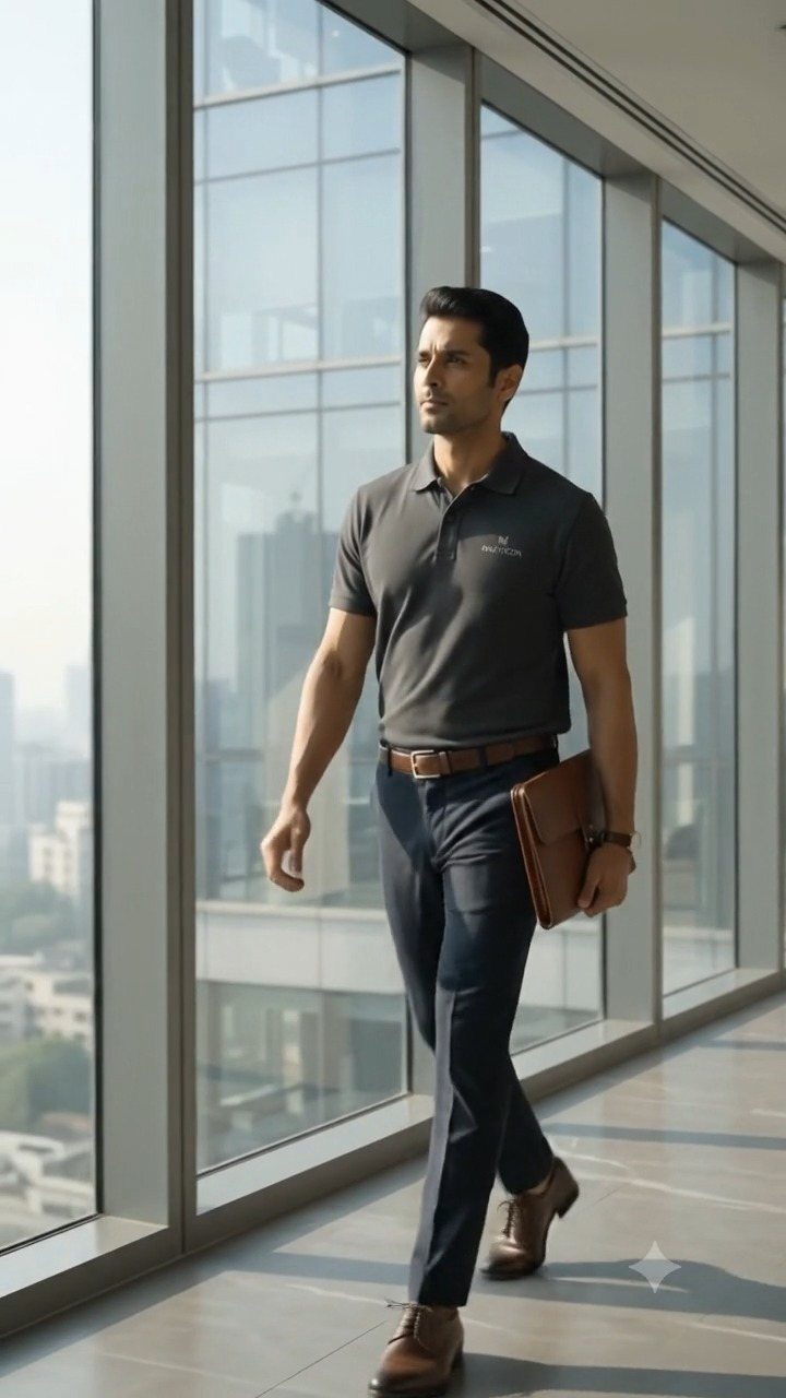 Man in a grey polo shirt and navy trousers walking through a modern glass office hallway.