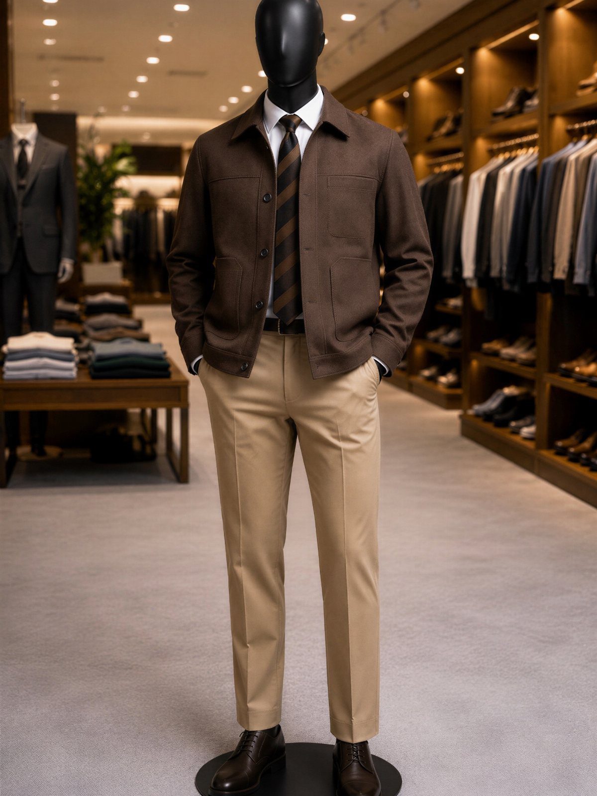 Mannequin wearing a brown casual jacket, white shirt, striped tie, and tan chinos in a store.