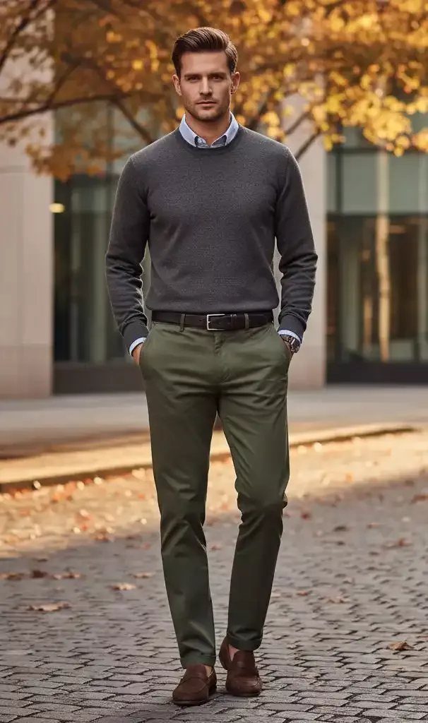 A man dressed in a grey sweater, blue shirt, and olive chinos walking outdoors.