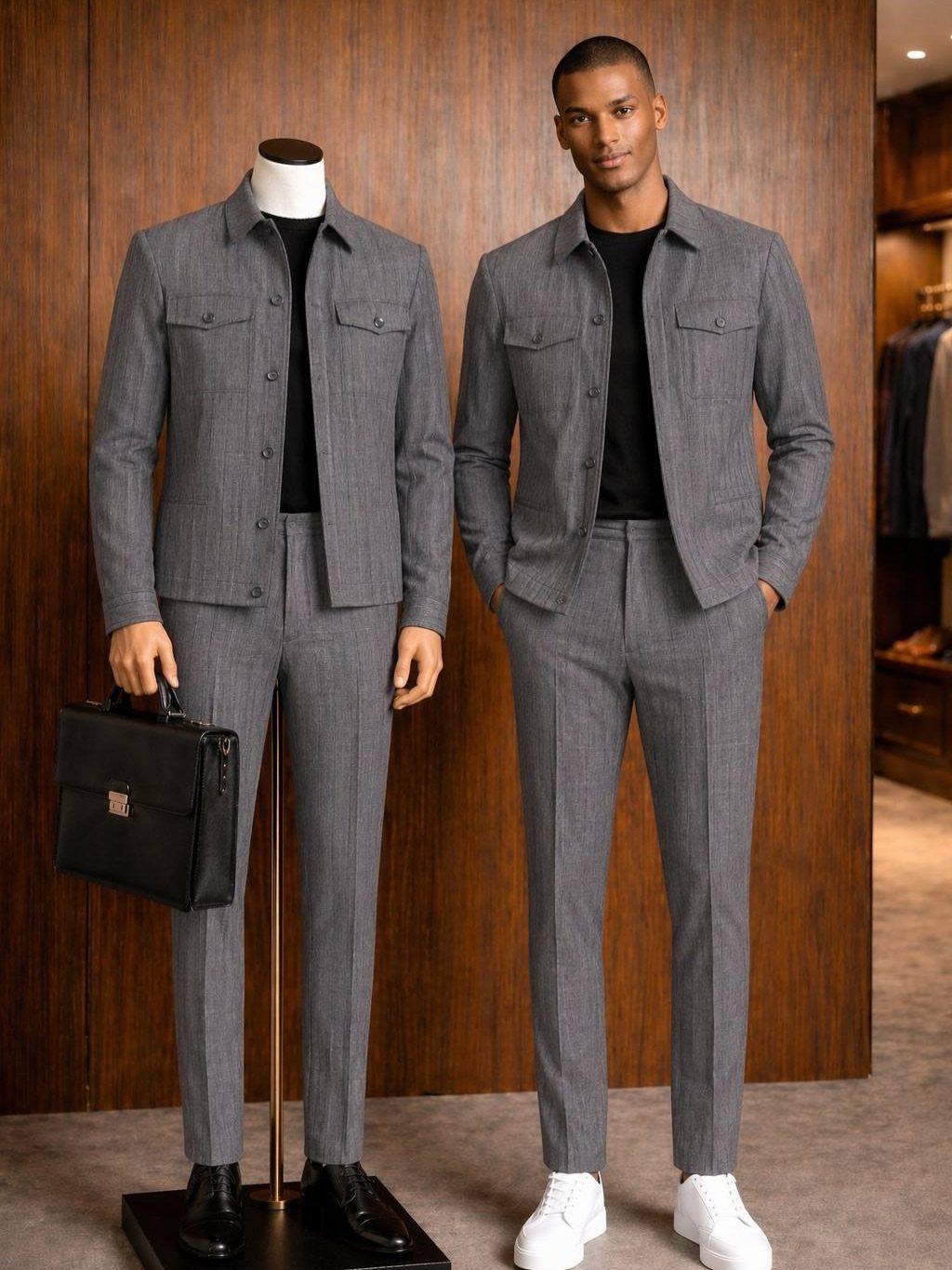 A man and a mannequin wearing matching grey smart casual suits with black shirts.