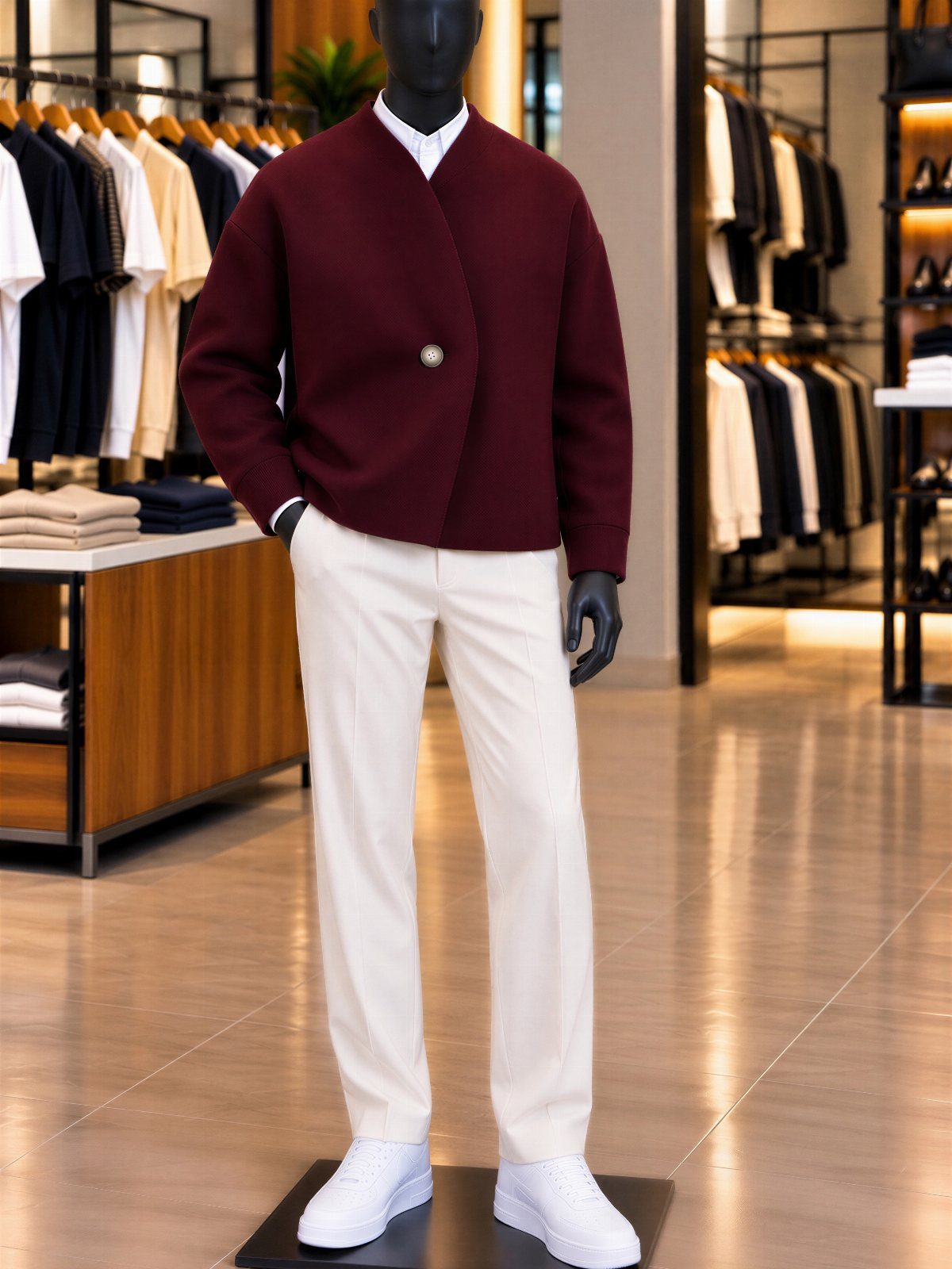 Mannequin dressed in a maroon cardigan, white shirt, cream trousers, and white sneakers.
