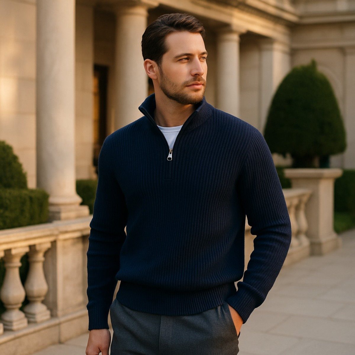 Man wearing a navy blue ribbed quarter-zip sweater and grey trousers outdoors.