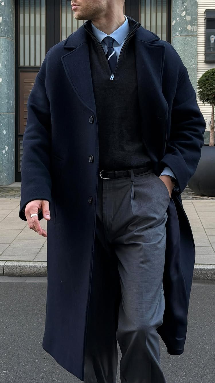 Man walking in a long navy overcoat, dark sweater, and grey tailored trousers.