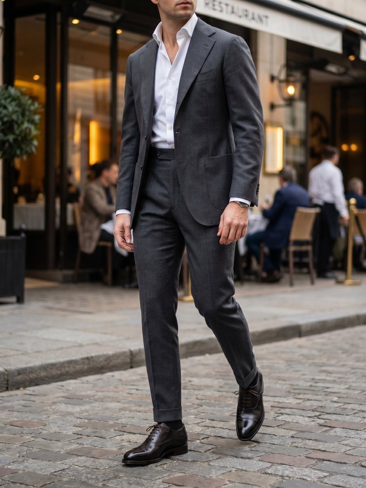 A man walking down a cobblestone street wearing a grey suit and dark dress shoes.