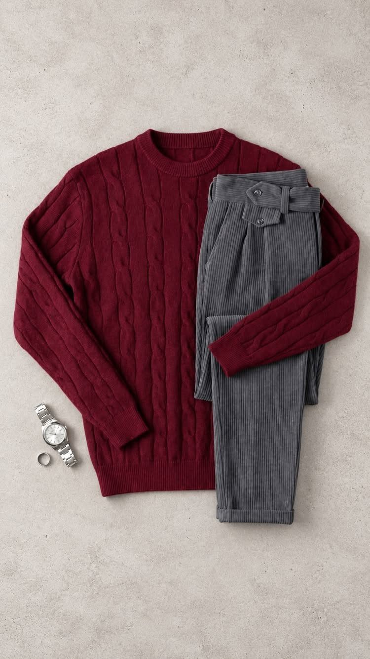 Burgundy cable-knit sweater and grey corduroy trousers with a silver watch on a neutral background.