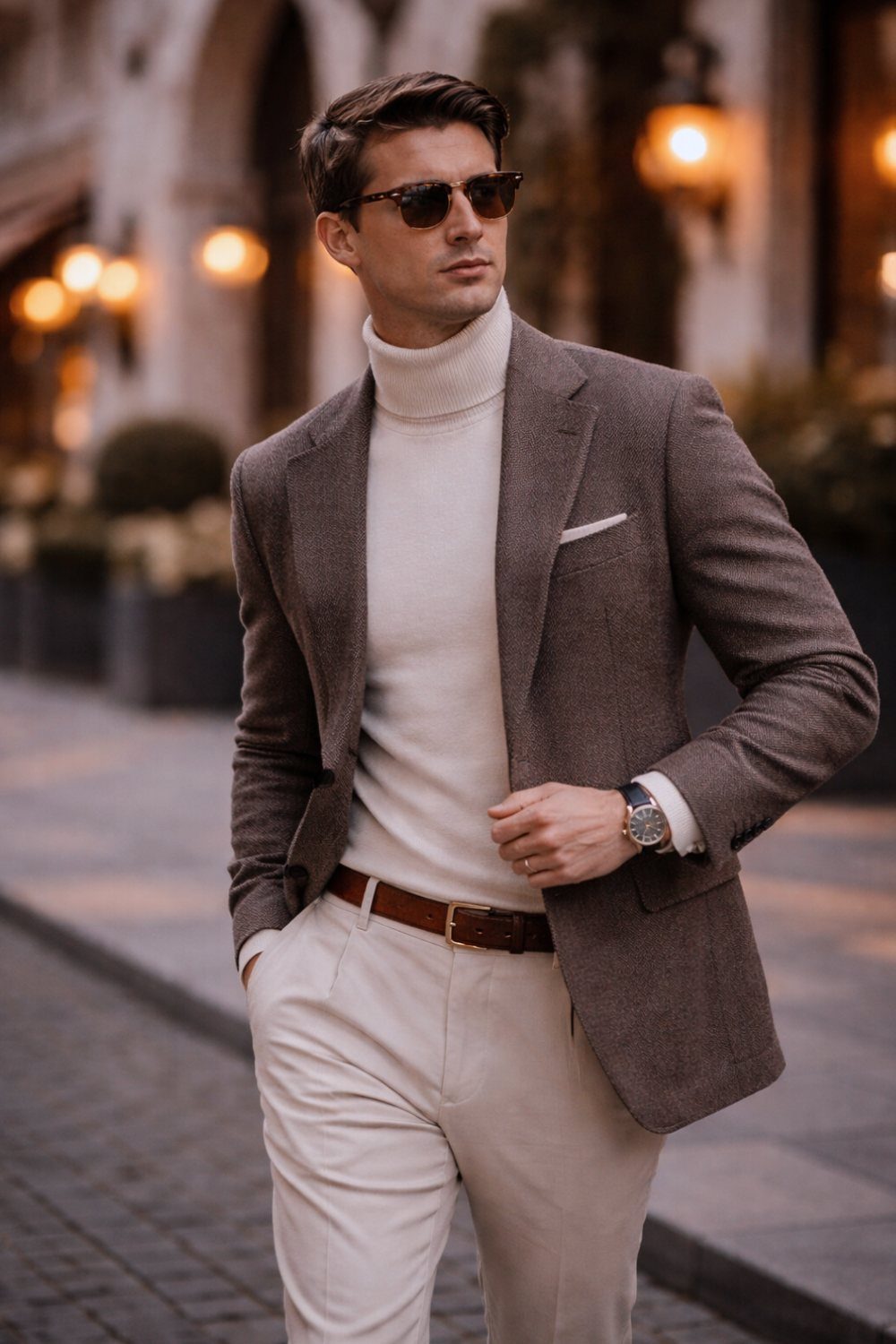 Man wearing a white turtleneck under a brown blazer and cream trousers outdoors.
