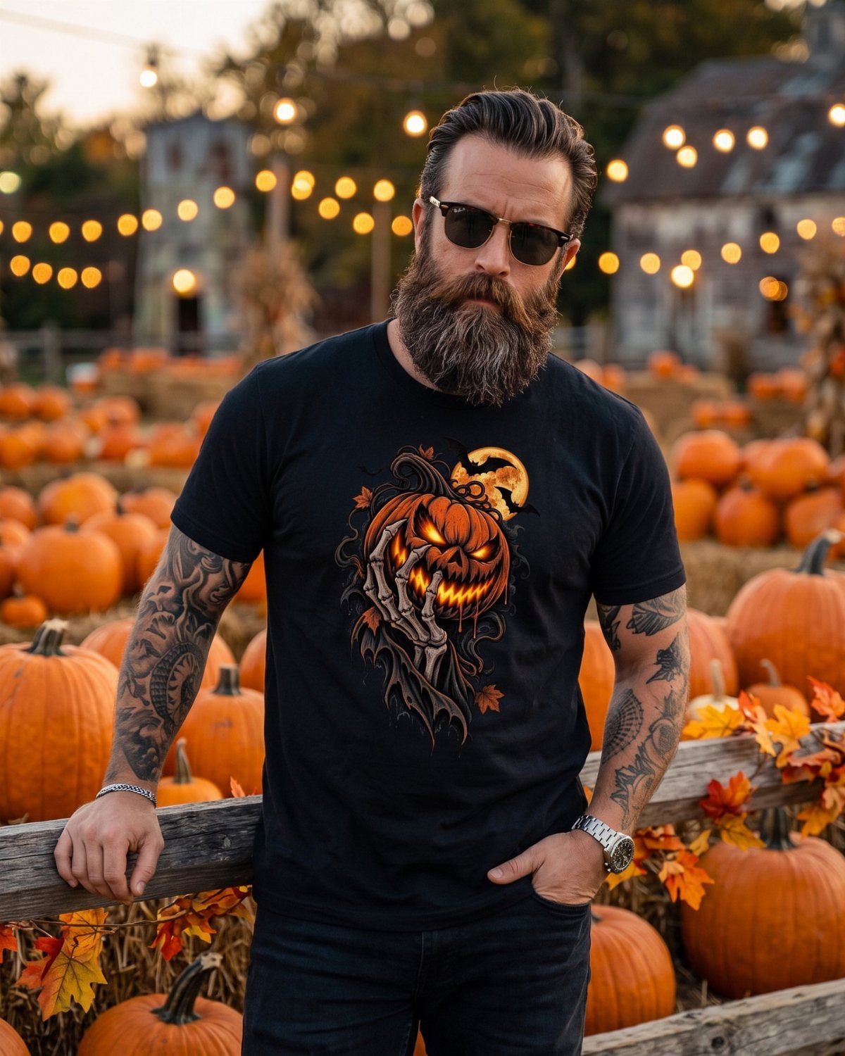 A bearded man wearing a black graphic t-shirt with a pumpkin design in a pumpkin patch.