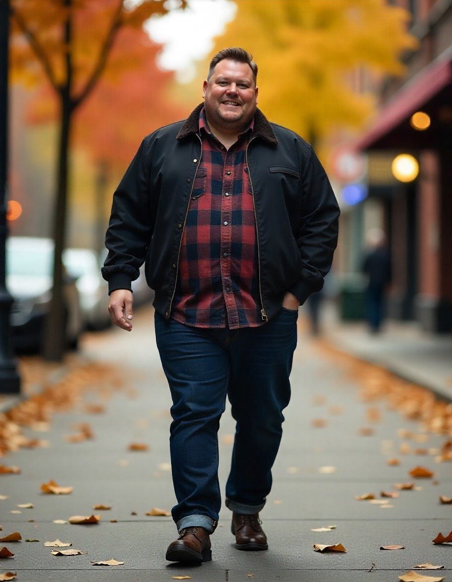 A smiling man walking on a sidewalk covered in fallen autumn leaves wearing a jacket and jeans.
