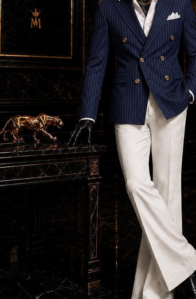 Man in a navy pinstripe blazer and white trousers standing by a marble table.