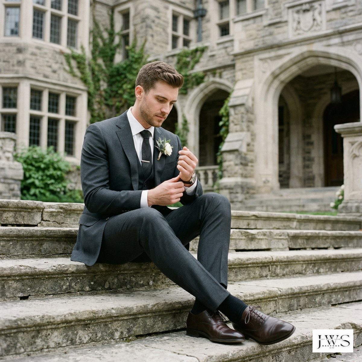 A man in a charcoal grey suit sits on stone steps adjusting his cufflink.