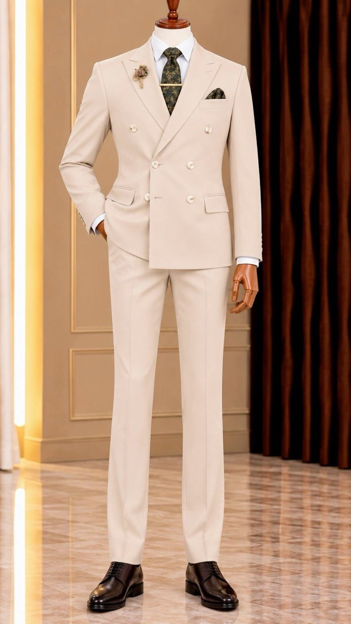 Cream double-breasted suit on a mannequin with a patterned tie and black shoes.